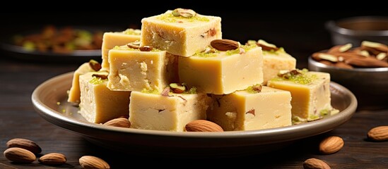 Kaju Katli is a famous Indian sweet made with milk khoya cashews and sugar With copyspace for text