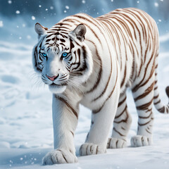 an adult white tiger walking in the snow