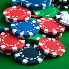 Red, green, blue, white casino chips on a green cloth