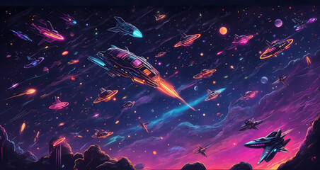 Space background with planets, stars and spaceships. Vector illustration, light, space, star,...