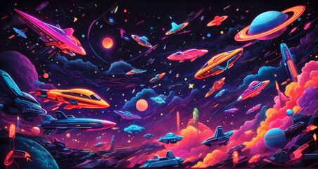 Fantasy space background with planets, stars and flying saucers, fantasy, space background, planets, stars, flying saucers, extraterrestrial, cosmic, universe, outer space, sci-fi, futuristic, inter