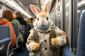 a rabbit dressed inside the train, animal memes, humorous, funny - obrazy, fototapety, plakaty