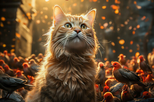 a cat looking at the sky, surrounded by many birds, animal memes, humorous, funny