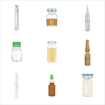 Set of ampoules with medicines on white background