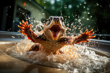 a small lizard is bathing in a small pool outside a house, it is jumping and mouth open , animal memes, humorous, funny