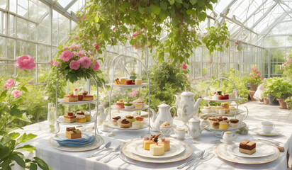catering wedding buffet in a glasshouse with flowers and fruits, dining, food, plate, banquet, reception, decoration, wine, napkin, flowers, elegant, catering, event, celebration, tablecloth, lunch