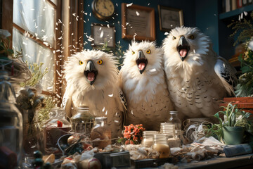 three white owls are together in the kitchen of a house, animal memes, humorous, funny - obrazy, fototapety, plakaty