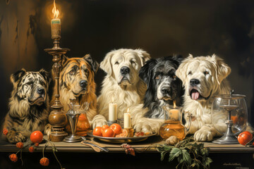 several dogs are sitting at a table, with a candle, antique painting style, animal memes, humorous, funny - obrazy, fototapety, plakaty