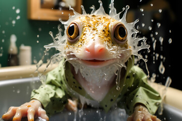 a strange little reptile, lizard, splashed water in the bathroom, animal memes, humorous, funny - obrazy, fototapety, plakaty