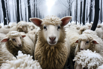 a sheep stands out from the rest, in winter, animal memes, humorous, funny - obrazy, fototapety, plakaty