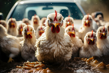 several roosters are angry all together, animal memes, humorous, funny - obrazy, fototapety, plakaty