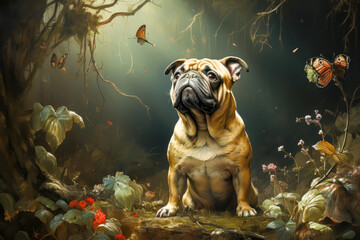a boxer dog is looking at butterflies, sitting, painting style, animal memes, humorous, funny - obrazy, fototapety, plakaty