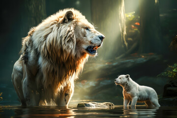 a big lion is with his cub in the river, animal memes, humorous, funny - obrazy, fototapety, plakaty