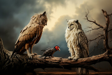 two owl-cat hybrid are looking at another black bird, on a branch of a fallen tree,, painting style, animal memes, humorous, funny - obrazy, fototapety, plakaty