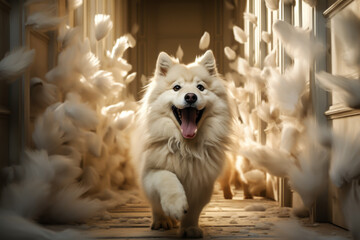a happy white dog is walking down a hallway surrounded by white feathers, animal memes, humorous, funny - obrazy, fototapety, plakaty
