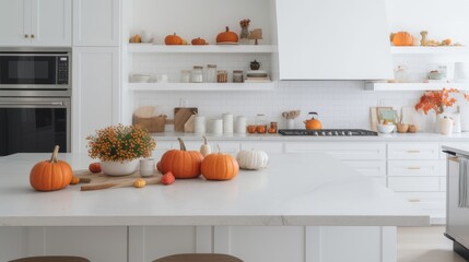 Halloween concept. White modern kitchen decorated for fall with orange pumpkins and leaves