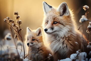 two foxes are in the snow together, , animal memes, humorous, funny - obrazy, fototapety, plakaty