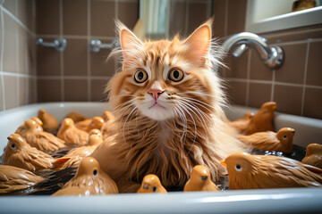 a cat is bathing in a bathtub, there are many rubber duckies, animal memes, humorous, funny - obrazy, fototapety, plakaty