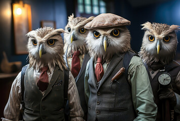 some owls shaped human dressed in period clothes, and berets