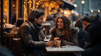 couple sitting in cafe during winter with snow falling, enjoying a cozy moment at a snow-dusted outdoor caf&eacute;, their laughter and connection lighting up the wintry scene, with golden bokeh lights