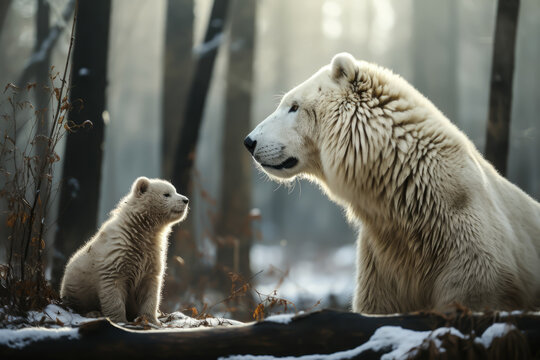 white polar bear on a branch with her baby bear