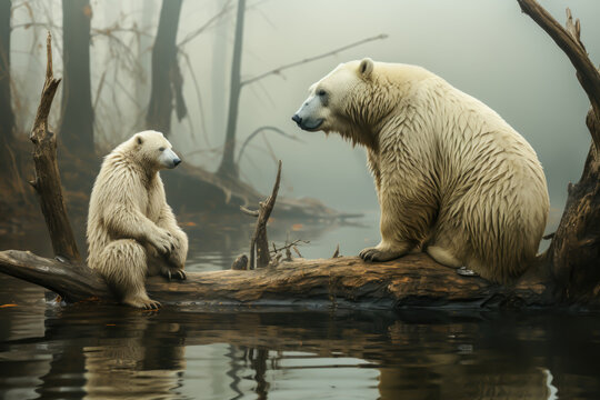 a bear and her cub are sitting on a fallen tree trunk, in the river, humorous, funny
