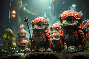 an army of owls are ready for war, animals of the future