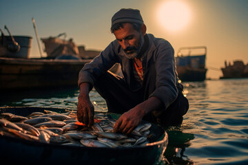 Proud Fisherman's Display. In an Arabian Fishing Village, a Traditional Fisherman Exhibits His Haul.

