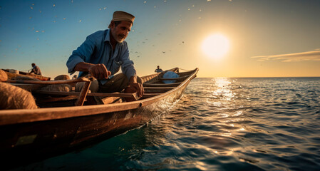 Proud Fisherman's Display. In an Arabian Fishing Village, a Traditional Fisherman Exhibits His Haul.

