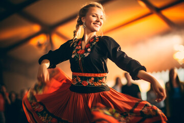 Graceful Cossack Tradition. Russian Woman Showcases the Beauty of Cossack Folk Dance.  - obrazy, fototapety, plakaty