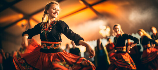 Fototapeta na wymiar Graceful Cossack Tradition. Russian Woman Showcases the Beauty of Cossack Folk Dance. 