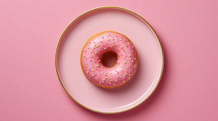 a doughnut on top on plate, on solid color background, top view. horizontal