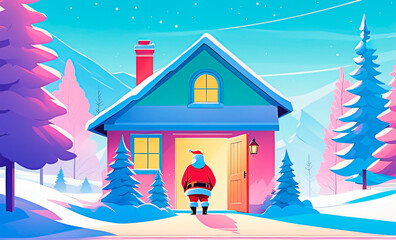 Minimalist illustration of Santa entering in a house during christmas.