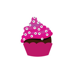 Tasty pink Halloween cupcake on white background