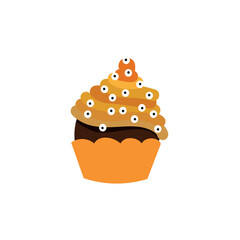 Tasty orange Halloween cupcake on white background