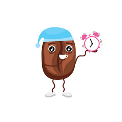 Coffee bean with alarm clock and cup on white background