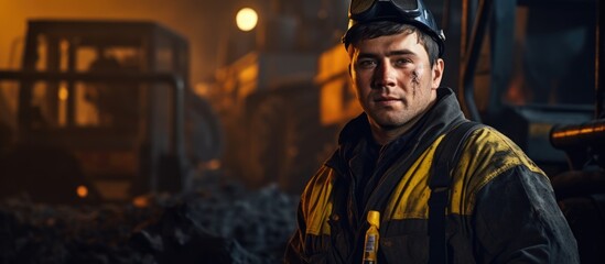 Coal miner in mine wearing overalls with mining equipment in the background With copyspace for text