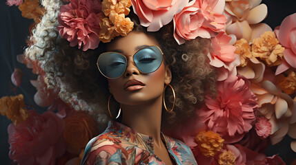A beautiful woman with a huge afro head with flowers and sunglasses. - obrazy, fototapety, plakaty