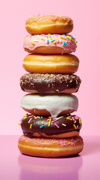 A photo of a delicious stack of donuts on a plain background. vertical composition