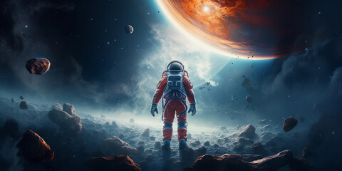 Astronaut on moon with helmet. Outer space travel - galaxy, stars and planets.