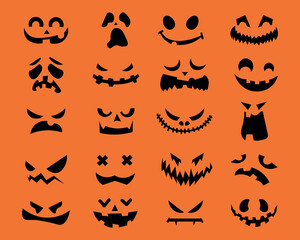 Set of Halloween monster faces on orange background