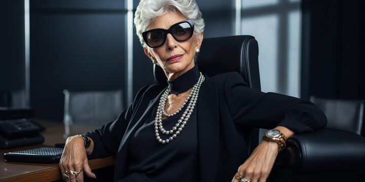 Success of stylish elderly businesswoman in black office.