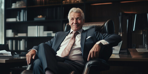 Happy CEO in suit sitting in luxurious office. Portrait of confident smiling businessman. - obrazy, fototapety, plakaty