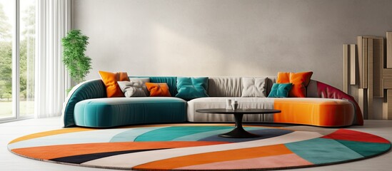 Contemporary living room with couch circular seat and printed rug With copyspace for text