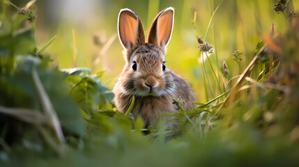Naklejka na ściany i meble A rabbit is sitting in the grass and looking at the camera with a curious look on its face and ears by Generative ai