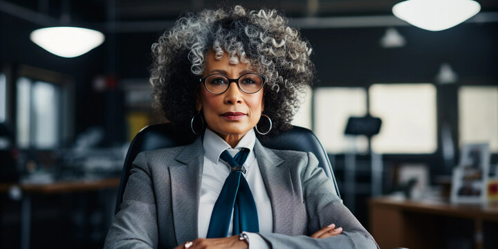 Rich black african american businesswoman in office with crossed arms.
