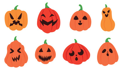 Set of carved Halloween pumpkins on white background