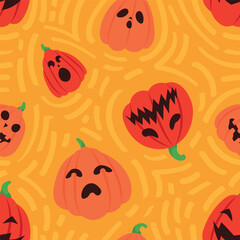 Obraz na płótnie Canvas Many scary Halloween pumpkins on orange background. Pattern for design