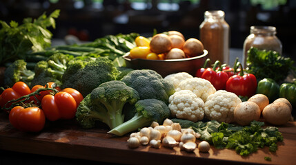 Fresh vegetables on a wooden table background, Organic food product. Generative AI