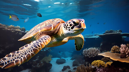 Fototapeta premium A turtle swimming over a coral reef in a blue ocean with fish swimming around it and a coral reef in the background by Generative ai